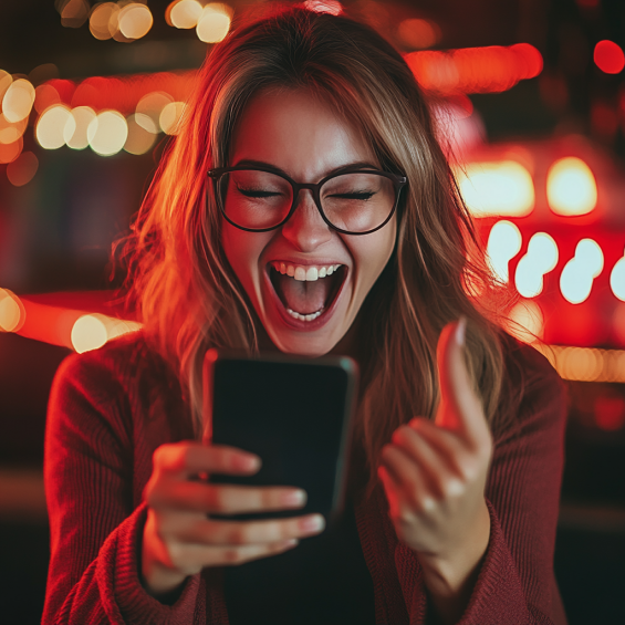 Person rejoicing while playing on phone